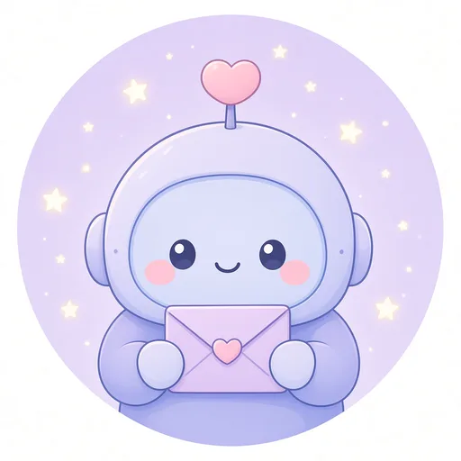 Sahmie, a lavender robot with a heart antenna, holding a pale envelope.